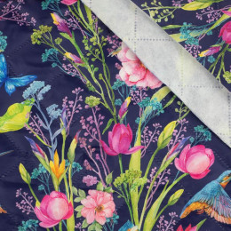 KINGFISHERS AND BUTTERFLIES (KINGFISHERS IN THE MEADOW) / dark blue  - Quilted nylon fabric 