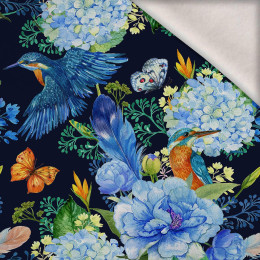 100cm KINGFISHERS AND LILACS (KINGFISHERS IN THE MEADOW) / navy - brushed knitwear with elastane ITY