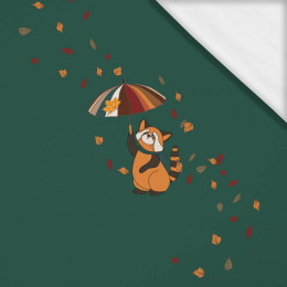 RED PANDA WITH AN UMBRELLA / bottled green (RED PANDA’S AUTUMN) -  PANEL (60cm x 50cm) SINGLE JERSEY ITY