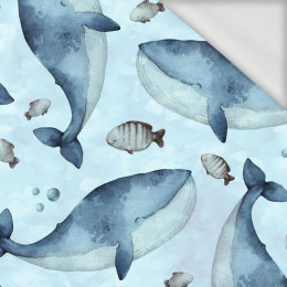 BLUE WHALES (THE WORLD OF THE OCEAN) / CAMOUFLAGE pat. 2 (light blue) - looped knit fabric