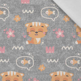 50% 100cm CATS AND FISH / flowers (CATS WORLD ) / ACID WASH GREY  - Cotton woven fabric