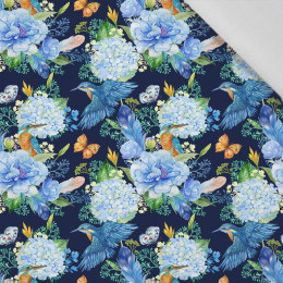 MINI KINGFISHERS AND LILACS (KINGFISHERS IN THE MEADOW) / navy - Cotton woven fabric