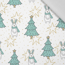 HARES WITH CHRISTMAS TREES / white - Cotton woven fabric