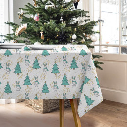 HARES WITH CHRISTMAS TREES / white - Woven Fabric for tablecloths