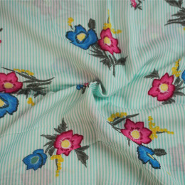 FLOWERS / STRIPES OF MINT - viscose woven fabric