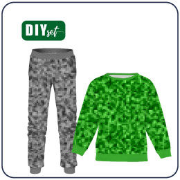 Children's tracksuit (MILAN) - PIXELS pat. 2 / grey - green - looped knit fabric 