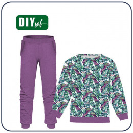 Children's tracksuit (MILAN) - MINI LEAVES AND INSECTS PAT. 5 (TROPICAL NATURE) / white - looped knit fabric 