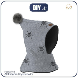 Kid’s hood cap sewing set  - SPIDERS (NIGHT CALL) melange light grey - black