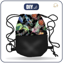 GYM BAG WITH POCKET - PEACOCK FEATHERS / black - sewing set