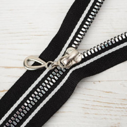 Open-end decorative plastic zipper with side stripes 70 cm - black