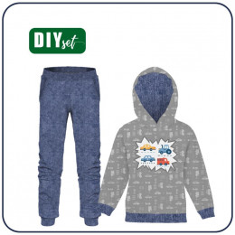 Children's tracksuit (OSLO) - VEHICLES pat. 2 / white (ADVENTURE BEGINS) - looped knit fabric 