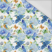 MINI KINGFISHERS AND LILACS (KINGFISHERS IN THE MEADOW) / white - Waterproof woven fabric