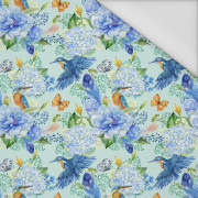 MINI KINGFISHERS AND LILACS (KINGFISHERS IN THE MEADOW) / light blue - Waterproof woven fabric