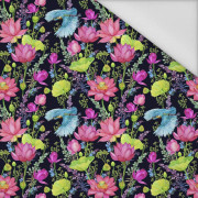 MINI KINGFISHERS AND POPPIES (KINGFISHERS IN THE MEADOW) / black - Waterproof woven fabric