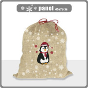 PENGUIN SANTA  / red - jute - Cotton woven fabric panel ( 45 x 75 cm )