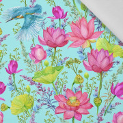 KINGFISHERS AND POPPIES (KINGFISHERS IN THE MEADOW) / aqua - Cotton woven fabric