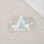 ANIMALS IN TIPI / WHITE TRACES / beige (MAGICAL CHRISTMAS FOREST) - SINGLE JERSEY PANORAMIC PANEL 