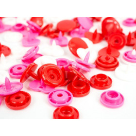 Color Snaps PRYM Love, plastic fasteners 12,4 mm - 30 sets - hearts pink / red / white