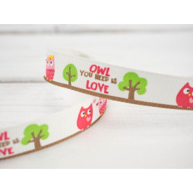 Grosgrain with owls on white background - 15mm