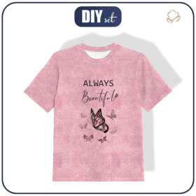 KID’S T-SHIRT (104/110) -  ALWAYS BEAUTIFUL (GLITTER BUTTERFLIES) / ACID WASH ROSE QUARTZ - Single Jersey 