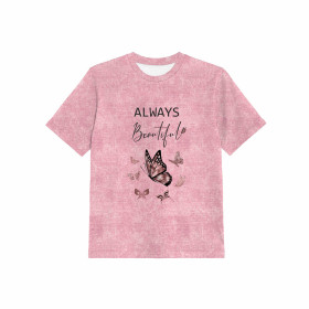 KID’S T-SHIRT (104/110) -  ALWAYS BEAUTIFUL (GLITTER BUTTERFLIES) / ACID WASH ROSE QUARTZ - Single Jersey 