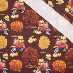 PUMPKINS ON THE SCOOTER (trees) / maroon (PUMPKIN GARDEN) - looped knit fabric