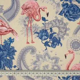 FLAMINGOS AND ROSES / beige - looped knit fabric