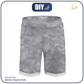 KID`S SHORTS (RIO) - CAMOUFLAGE pat. 2 / grey - looped knit fabric 