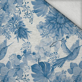 HUMMINGBIRDS AND FLOWERS (CLASSIC BLUE) / M-01 melange light grey - looped knit