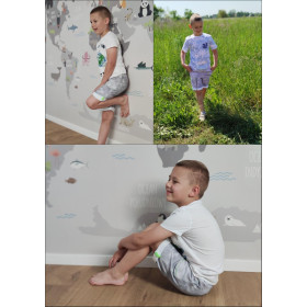 KID`S SHORTS (RIO) - MINI KINGFISHERS AND LILACS (KINGFISHERS IN THE MEADOW) / white - looped knit fabric 