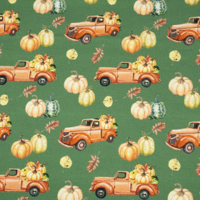 PUMPKINS ON THE PICKUP (leaves) pat. 2 / green (PUMPKIN GARDEN) - looped knit fabric