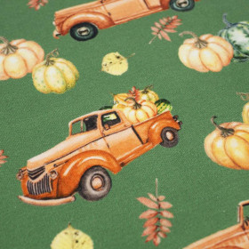 PUMPKINS ON THE PICKUP (leaves) pat. 2 / green (PUMPKIN GARDEN) - looped knit fabric