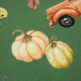 PUMPKINS ON THE PICKUP (leaves) pat. 2 / green (PUMPKIN GARDEN) - looped knit fabric