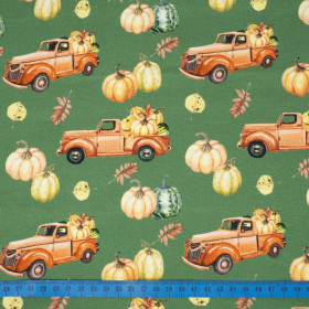 PUMPKINS ON THE PICKUP (leaves) pat. 2 / green (PUMPKIN GARDEN) - looped knit fabric