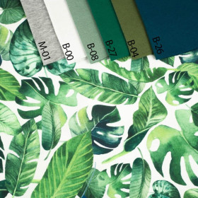 TROPICAL LEAVES pat. 2 / white - single jersey with elastane 