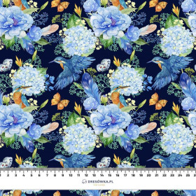 MINI KINGFISHERS AND LILACS (KINGFISHERS IN THE MEADOW) / navy - Cotton woven fabric