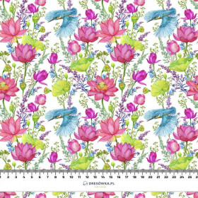 MINI KINGFISHERS AND POPPIES (KINGFISHERS IN THE MEADOW) / white - Cotton woven fabric
