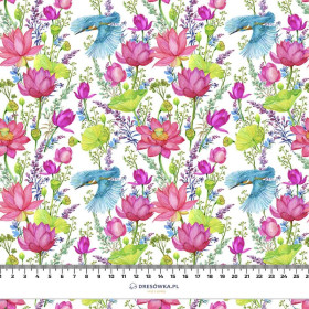 MINI KINGFISHERS AND POPPIES (KINGFISHERS IN THE MEADOW) / white - Waterproof woven fabric