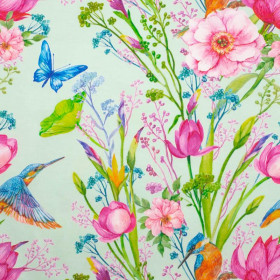 KINGFISHERS AND BUTTERFLIES (KINGFISHERS IN THE MEADOW) / mint - looped knit fabric