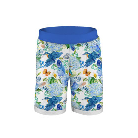 KID`S SHORTS (RIO) - MINI KINGFISHERS AND LILACS (KINGFISHERS IN THE MEADOW) / white - looped knit fabric 