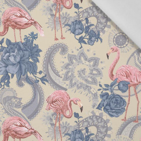 FLAMINGOS AND ROSES / beige - Cotton woven fabric
