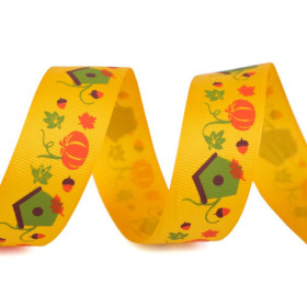Grosgrain ribbon 25 mm pumpkin and house - canary yellow