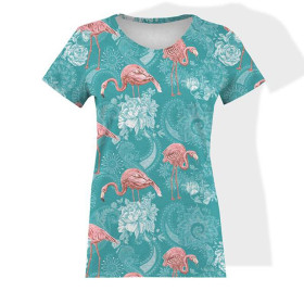 WOMEN’S T-SHIRT - FLAMINGOS AND ROSES / sea blue - single jersey 