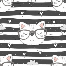 CATS IN GLASSES / grey - Cotton woven fabric