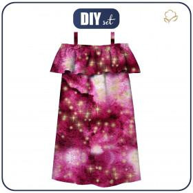 Bardot neckline dress "LILI" (134-140) - GOLDEN STARS Pat. 2 / WATERCOLOR MARBLE - sewing set 