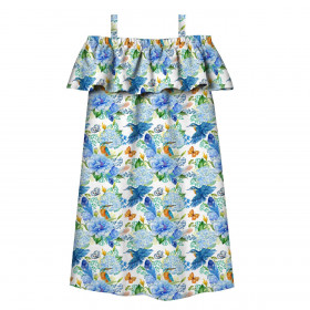 Bardot neckline dress (LILI) - KINGFISHERS AND LILACS (KINGFISHERS IN THE MEADOW) / white - sewing set