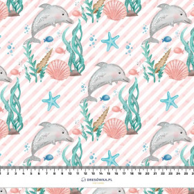 DOLPHINS / STRIPES (MAGICAL OCEAN) / pink - Cotton woven fabric
