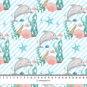 DOLPHINS / STRIPES (MAGICAL OCEAN) / aqua - Cotton woven fabric