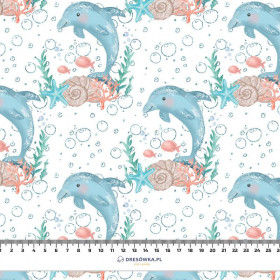 DOLPHINS pat. 3 (MAGICAL OCEAN) / white - Cotton woven fabric