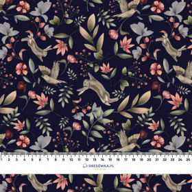 HARES AND BIRDS (INTO THE WOODS) DARK BLUE - looped knit fabric with elastane ITY